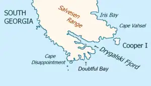 Lage von Cooper Island (rechts) vor der Südostküste Südgeorgiens. Der Cooper Sound verläuft zwischen beiden Inseln.