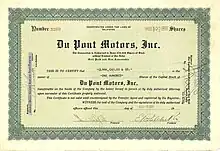 Aktie der Du Pont Motors, ausgestellt am 9. August 1928, im Original unterschrieben von Eleuthère Paul du Pont als Präsident und von Francis Irénée du Pont als Schatzmeister