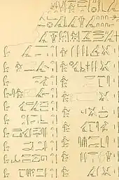 Sklavenliste des Ahmose (Abzeichnung von 1843 unter Richard Lepsius und heutiger Zustand)