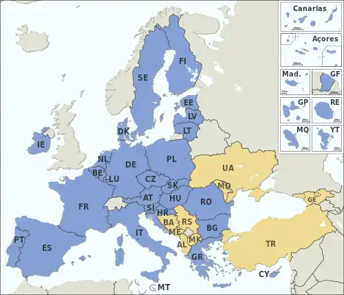 Mitgliedstaaten (blau) und Beitrittskandidaten (gelb) der EU (anklickbare Karte)