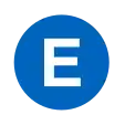 Viereckiges Liniensymbol mit dem weißen Buchstaben E in blau gefülltem Kreis