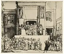 R69a Christus wird dem Volk gezeigt: liegende Platte, 1655. Kaltnadel mit Plattenton auf Japanpapier, 383 × 455 mm. Amsterdam, Rijksmuseum, Inv. RP-P-1975-1 (NH. 290 III)