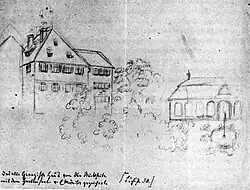 Georgii-Haus, rechts: Gartensaal. Zeichnung von Eduard Mörike, vor 1861.