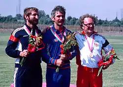 Michael Sullivan (rechts) auf dem Podium der Olympischen Spiele 1984