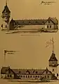Edwin Oppler: Schloss Halberg, dreiflügeliger Stall- und Remisenbau mit Wasserturm (Staatsarchiv Hannover, Nachlass Oppler), abgerissen zugunsten des neuen Konferenzgebäudes des Saarländischen Rundfunks im Jahr 1969