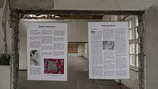 Ausstellungstafeln zeigen Biografien zu in Ravensbrück inhaftierten Frauen. Die Tafeln sind an einer Wand aufgehangen und zeigen auch Abbildungen.