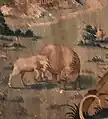 Ein Einhorn tötet einen Elefanten. Detail aus einem Wandteppich, Nordfrankreich, um 1530, heute im Louvre, Paris