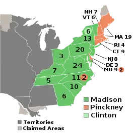 Die Präsidentschaftswahl von 1808. Der Föderalist Pinckney gewann ganz Neuengland außer Vermont, Delaware und je zwei Stimmen aus North Carolina und Maryland. Madison gewann alle anderen Stimmen im Electoral College außer sechs, die an George Clinton gingen.