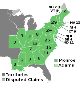 In der Präsidentschaftswahl von 1820 gewann Monroe alle Stimmen im Electoral College abgesehen von einer Stimme, die an seinen Außenminister John Quincy Adams ging.