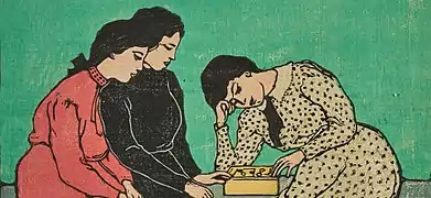 Drei Mädchen beim Brettspiel, etwa 1907