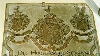 Ausschnitt mit Wappen aus dem Epitaph der Magdalene Margaretha Hundt in der unteren Kirche von Püchersreuth