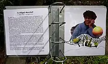 Die Tafel ist aus silberfarbenen Metall und zeigt eine Spiralbindung, die zwei aufgeschlagene laminierte Seiten zeigt. Die linke Seite enthält einen Text, die rechte Seite zeigt ein Porträt von Ika, das von verschiedenen Elementen, wie einer Kugel und Linien abstrakt gestaltet ist.