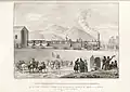 Probefahrt am 14. November 1837; Diese um 1838 entstandene Lithografie zeigt eine der ältesten Darstellungen der Lokomotiven.