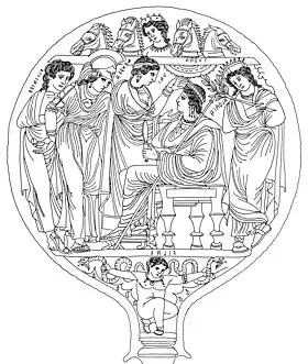 Thesan mit den Pferden ihrer Quadriga über dem Urteil des Paris (4. Jahrhundert v. Chr.)