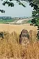 Viertelmeilenstein Nr. 9 (1729), im Hintergrund die Trasse der A 17 Dresden-Prag