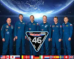 v. l. n. r.: Scott Kelly, Sergei Wolkow, Michail Kornijenko, Timothy Kopra, Timothy Peake und Juri Malentschenko