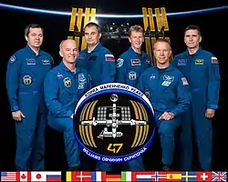v. l. n. r.: Oleg Skripotschka, Jeffrey Williams, Alexei Owtschinin, Timothy Peake, Timothy Kopra und Juri Malentschenko