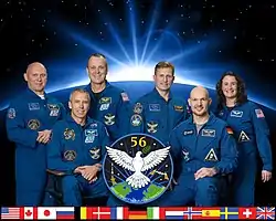 v. l. n. r.: Oleg Artemjew, Andrew Feustel, Richard Arnold, Sergei Prokopjew, Alexander Gerst und Serena Auñón-Chancellor