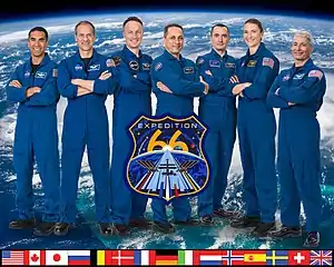 v. l. n. r. Raja Chari, Thomas Marshburn, Matthias Maurer, Anton Schkaplerow, Pjotr Dubrow, Kayla Barron, Mark Vande Hei.