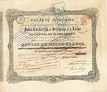 Aktie der S.A. pour l’Exploitation des Etablissements de John Cockerill à Seraing & à Liège, ausgestellt am 18. April 1846 in Lüttich, im Original unterschrieben von Konrad Gustav Pastor als Generaldirektor