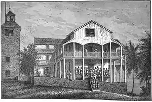 Erster Leuchtturm (links) und Waisenhaus am Cape Palmas (um 1860)