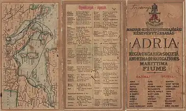 Fahrplan der „Adria AG“ von ca. 1900 mit der Abb. der SS Carola auf der Rückseite und der Angabe von insgesamt 33 eingesetzten Schiffen (282 × 169 mm, Druck: Stabilimento tipo-litografico Emidio Mohovich in Fiume)