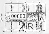 Teilstreckenfahrschein über 15 Pfennig für eine Linie im Anschlussbetrieb zwischen Spandauer Bock und Dönhoffplatz