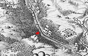 Naarntal mit Falkenstein (Pfeil). 1654