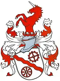 Wappen der Nachfahren des Hans Peter Drögemüller (1742–1773) mit rotem Einhorn derer von Böddenstedt