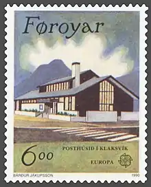 Postamt von Klaksvík auf einer Briefmarke des Postverk Føroya (Grafik von Bárður Jákupsson)
