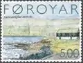Sigmundsgjógv in Sandvík. Hierher flüchtete der erste färöische Christ Sigmundur Brestisson, und hier wurde er ermordet.Briefmarke von 2004.