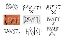Umzeichnung von neun Signaturvarianten: FAVSTI in drei verschiedenen Handschriften, IAVSII, EΛVSII, FAVSTI X, AVFST X, FAVST S, FAVS Δ