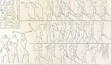 König Haremhab in einer Prozession nach dem Sieg über die Nubier, die Bewohner von Kusch (Richard Lepsius, 1849)