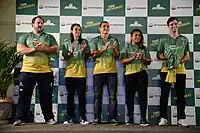 Die brasilianische Gewichthebermannschaft 2016 (v. l. n. r.): Fernando Reis, Rosane Santos, Mateus Gregório, Jaqueline Ferreira und Welisson Silva