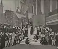 Malkasten-Redoute „Hollands Blütezeit“, 1912. Bühnenbild mit Stadtbild Amsterdam von Georg Hacker. Verfasser des Festspiels Eduard Daelen.