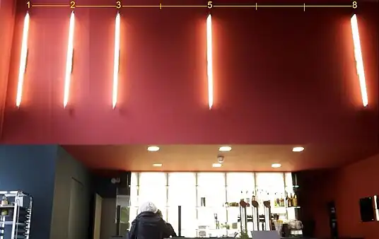 Leuchtröhren im Cafè eines Kunstmuseums, 2019,je eine Leuchte bei Fibonacci-Zahl auf gedachter linearer Skala