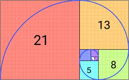 Annäherung der Goldenen Spirale, unter Benutzung von Viertelkreisen und der Fibonacci-Folge 
  
    
      
        1
        ,
        1
        ,
        2
        ,
        3
        ,
        5
        ,
        8
        ,
        13
        ,
        21
        ,
        …
      
    
    {\displaystyle 1,1,2,3,5,8,13,21,\ldots }