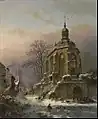 Gotische Kirche mit Arbeitern bei aufziehendem Sturm