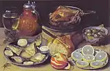Georg FlegelStillleben mit Braten, Fischmahlzeit, Wein u. a. 1638, Öl auf Kupfer, 29,5 × 46 cm, Sammlung Václav Butta