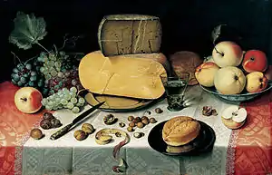Floris van DyckStillleben mit Käse, Früchten u. a., 1613, Öl auf Leinwand, 49,5 × 77 cm, Frans-Hals-Museum, Haarlem
