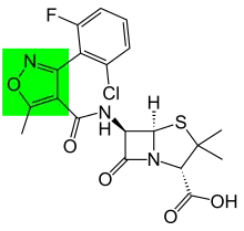 Strukturformel des Flucloxacillin mit grün hervorgehobenem Isoxazolring