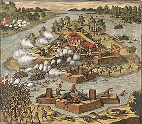 Fort Caroline, auf einer Darstellung von Theodor de Bry, 1617