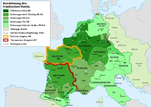 Unterschiedliche Eroberungsphasen, die sich bis nach Osteuropa und Italien strecken, sind farbig markiert.