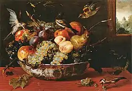 Gemälde „Stillleben mit Obstschale, Vögeln und Fensterausblick“ von Frans Snyders