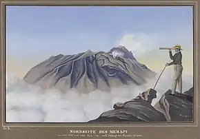 Die Nordseite des Merapi, aus einer Höhe von 7500 Fuß vom südlichen Abhange des Merbabu gesehen. … Nov. 1836. Hier hat Junghuhn sich selbst mit einem Fernglas dargestellt.