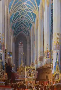 Max Ainmiller u. Moritz von Schwind 1854: Trauung von Herzog Wilhelm V. und Renata von Lothringen (Münchner Stadtmuseum). Das Bild mit dem Versuch der Rekonstruktion des gotischen Innenraumes beeindruckte das Dombau-Comité derart, dass ab 1858 das Kircheninnere regotisiert wurde und Schwind den Auftrag für die Hochaltarbilder erhielt.