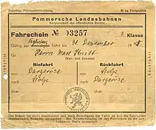 Reproduktion eines originalen Freifahrscheins der Pommerschen Landesbahnen von 1944/45