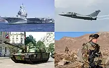 Farbige Collage aus vier Fotos mit Militäraustattungen. Oben links ein Flugzeugträger auf dem Meer, oben rechts ein Kampfflugzeug im Himmel, unten links ein Panzer zwischen Häuserfassaden, unten rechts zwei Soldaten in steinigem Gebirge.