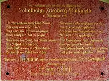 Bahnhof Friedberg, Gedenktafel zur Eröffnung (Gedicht von Ottokar Kernstock) 
