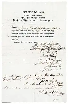 Aktie der Fünften Assekuranz-Kompagnie über 3.000 Mark Banko, ausgestellt in Hamburg am 31. Dezember 1808, im Original unterschrieben u. a. von dem Hamburger Bürgermeister Christian Matthias Schröder. In der Satzung der 1779 von dem Kaufmann Ulrich Moller gegründeten Kompagnie wurde der Unternehmenszweck wie folgt beschrieben: „Die Gesellschaft übernimmt Assecuranzen auf Gefahren zur See, auf Flüssen und bei Versendungen zu Lande, auf Hafen-, Revier- und Feuer – Gefahr“. Das Ende der Kompagnie ist eng mit dem großen Hamburger Brand vom 5. Mai 1842 verbunden.